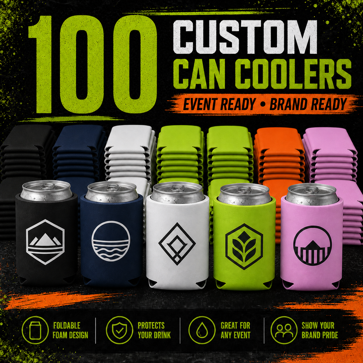 100 custom foldable foam can coolers in assorted colors with one-color imprint