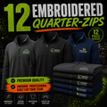12 custom embroidered quarter-zips displayed in charcoal, black and navy