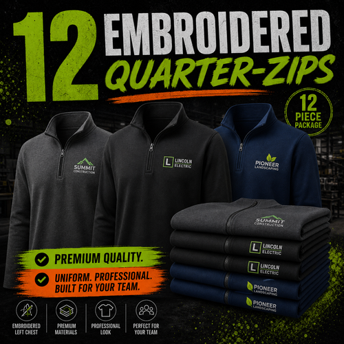 12 custom embroidered quarter-zips displayed in charcoal, black and navy