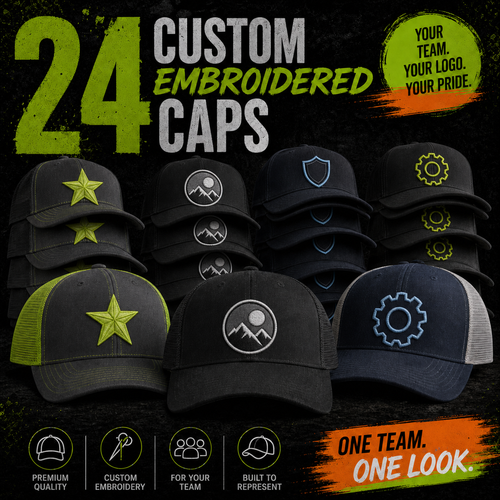 24 custom embroidered caps with generic star, mountain, shield and gear customer-logo examples