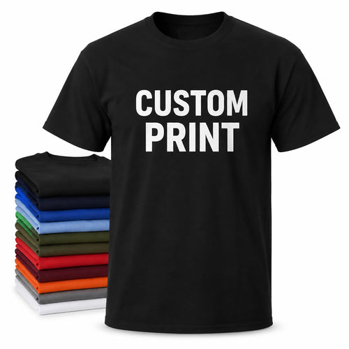 Example black T-shirt with a one-color white front print and stacked shirts; customize with your artwork