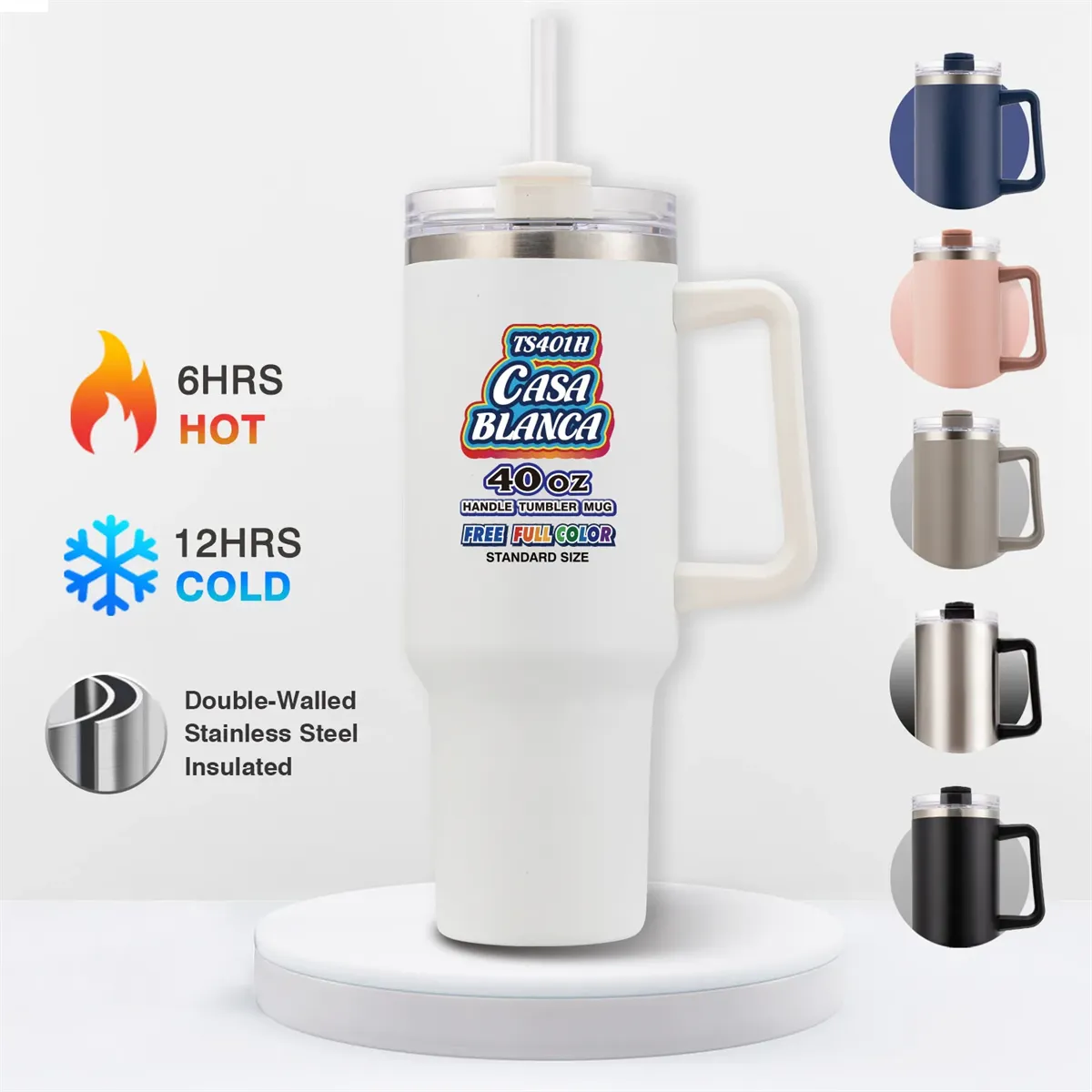 Casa Blanca 40 oz custom handled tumbler with available colors