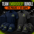 Team embroidery bundle with 24 custom polos and 12 coordinated embroidered caps
