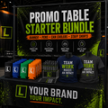 Promo table starter bundle with banner, pens, can coolers and branded staff shirts