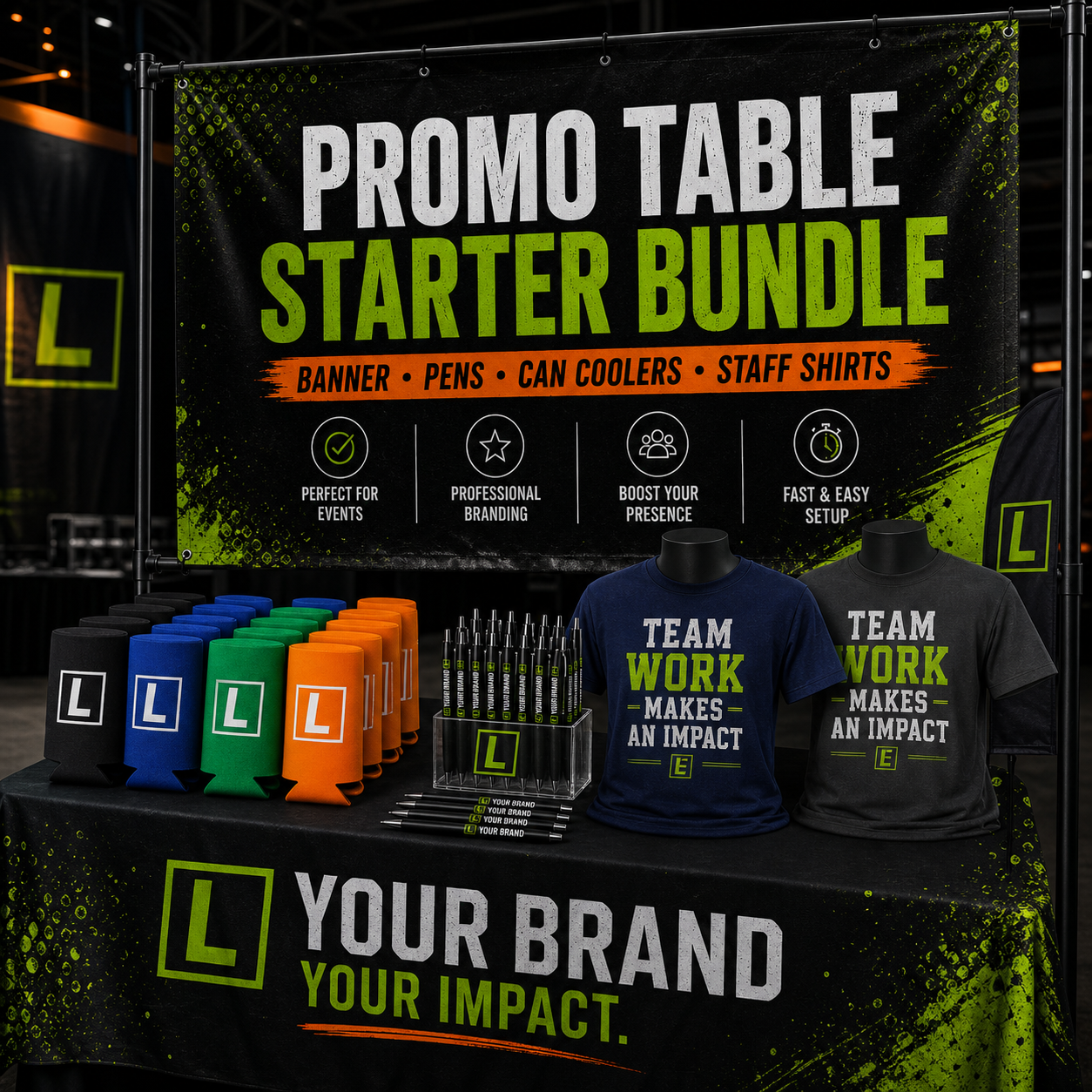 Promo table starter bundle with banner, pens, can coolers and branded staff shirts