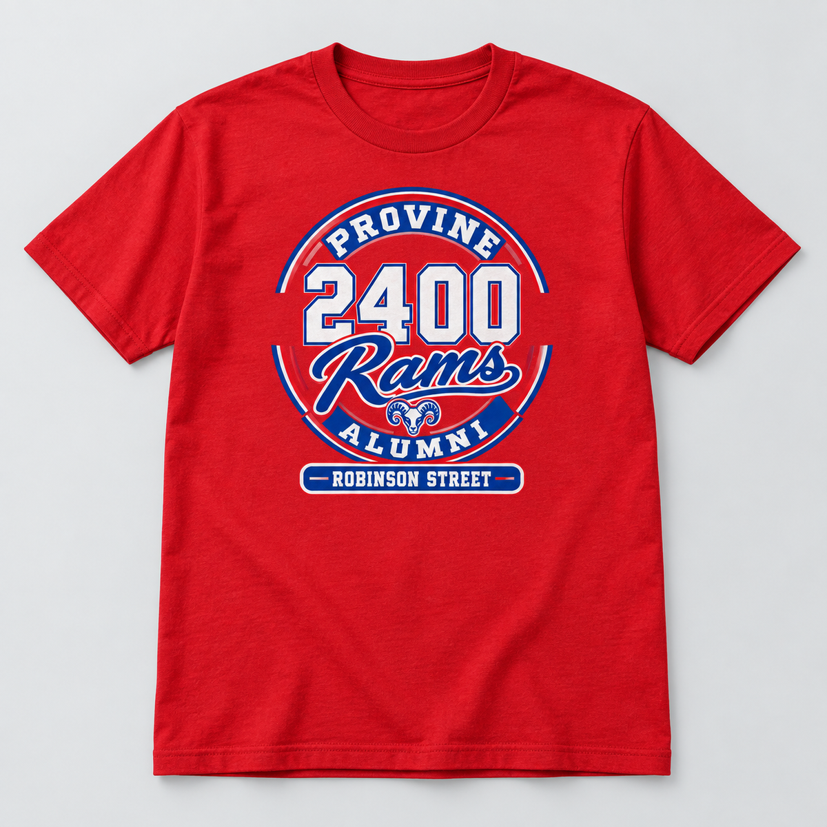 Provine Rams 2400 address-circle alumni design on a realistic Red T-shirt